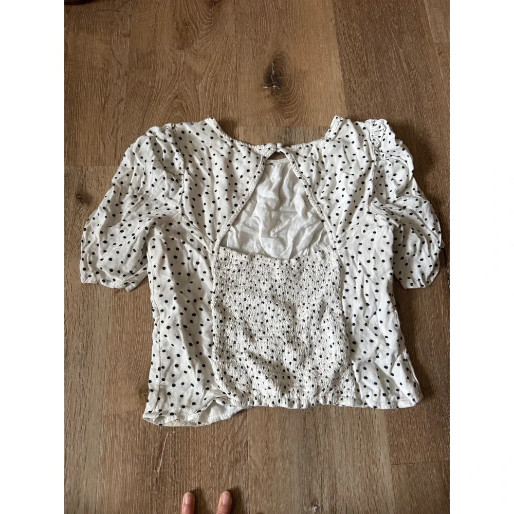Abercrombie & Fitch Polka‎ Dot Puff Sleeve Blouse White Black Smocked Size S